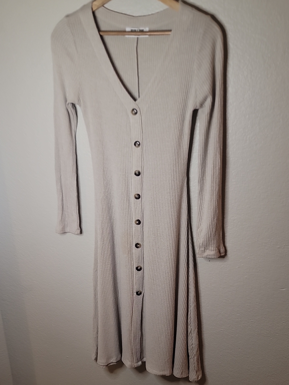 Double Zero Neutral Ribbed Button-Front Long Sleeve Dress - Beige